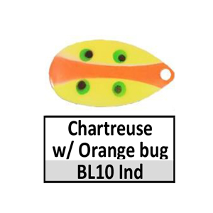 Size 5 Indiana Bug Pattern Spinner Blades – BL10 chartreuse w/ orange bug Indiana