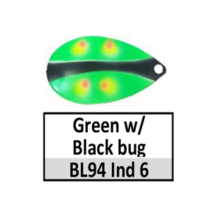 Size 6 Indiana Bug Pattern Spinner Blades – BL94 green w/ black bug Indiana 6